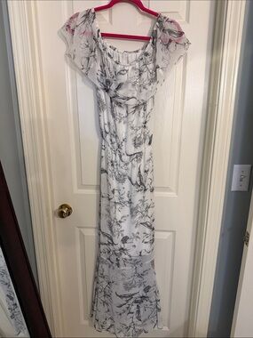 White House Black Market White Maxi Dress with Black Floral Print